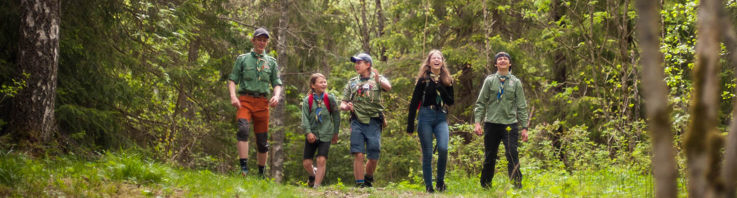 Speidere på tur i skogen.
